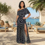Split long skirt with polka dot perspective dress