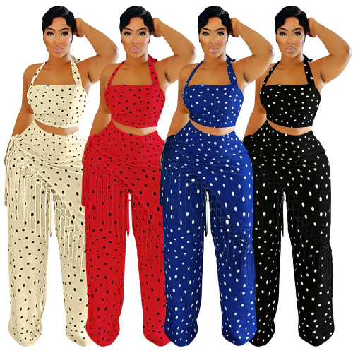 Polka print neck hanging, backless, strapless, tassel long pants set