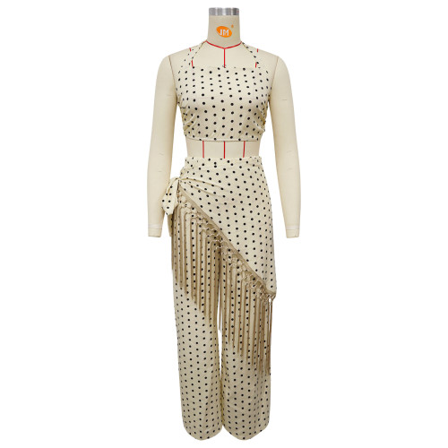 Polka print neck hanging, backless, strapless, tassel long pants set