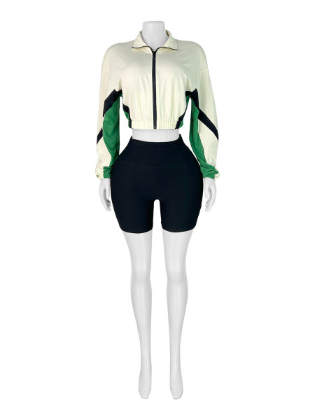 Assembled Contrast Zipper Long Sleeve Shorts Sports Two-Piece Set HR25022