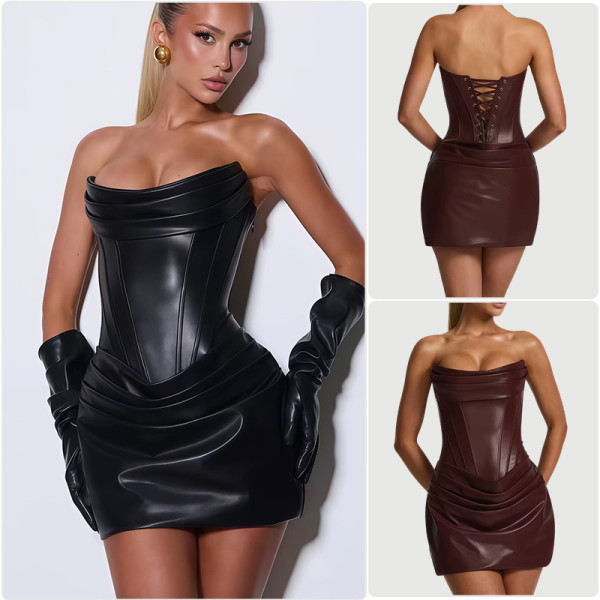 Strapless lace up PU leather dress, high waisted pleated skirt