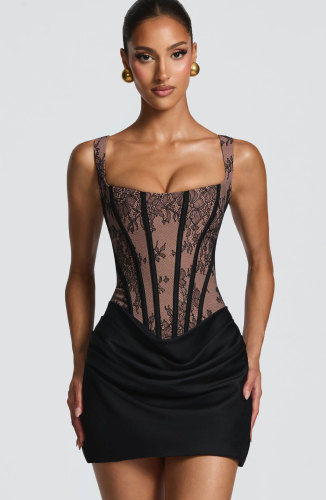 Lace patchwork pleated camisole dress
