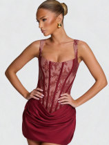Lace patchwork pleated camisole dress