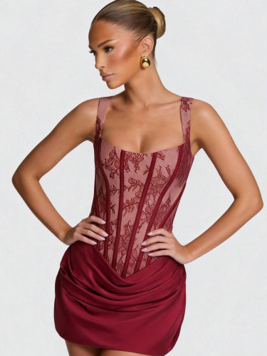 Lace patchwork pleated camisole dress