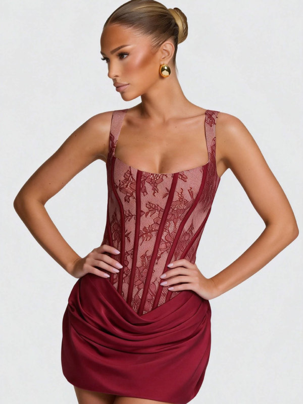 Lace patchwork pleated camisole dress
