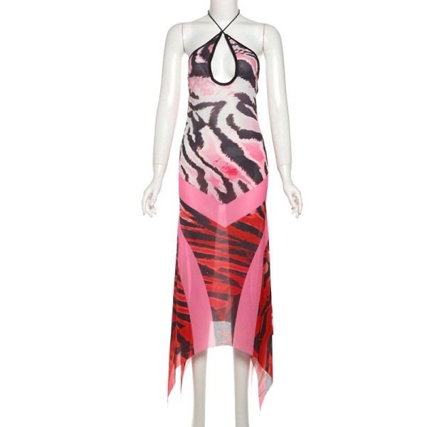 Backless hanging neck printed dress