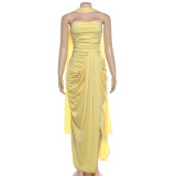 Waistband strapless slit dress