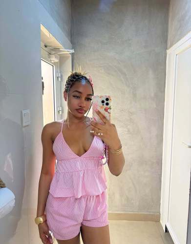 Striped cross suspender top and shorts set