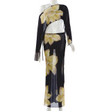 One shoulder crop top, high waisted drawstring printed long skirt