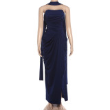 Waistband strapless slit dress