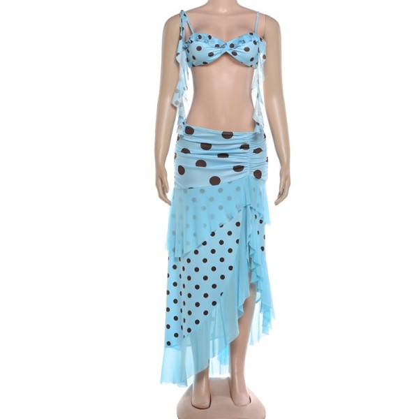Strap vest, split lotus leaf edge skirt set