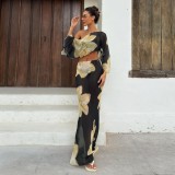 One shoulder crop top, high waisted drawstring printed long skirt