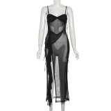 Mesh see through slit irregular suspender dress