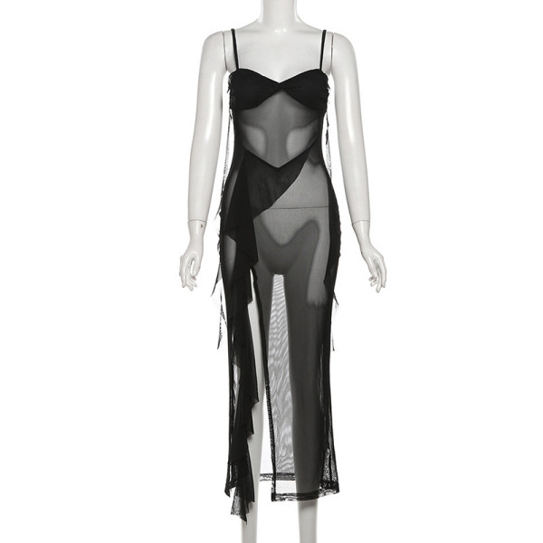 Mesh see through slit irregular suspender dress