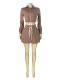 Two piece set of lapel zipper hoodie and drawstring skirt (including safety pants)