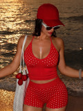 Wave print V-neck hanging neck vest shorts two-piece set