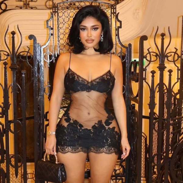 Leopard print sheer sleep dress with lace details