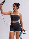 Color blocked thread suspender bra, hip lifting yoga shorts set