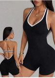 Hanging neck V-neck hollowed out backless high waisted jumpsuit
