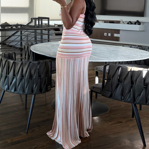 Strap striped waist cinching backless dress
