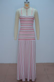 Strap striped waist cinching backless dress