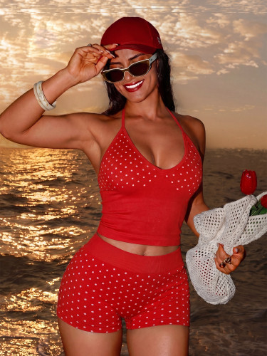 Wave print V-neck hanging neck vest shorts two-piece set