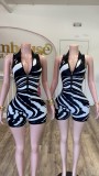 Zipper half open collar sleeveless striped printed jumpsuit shorts