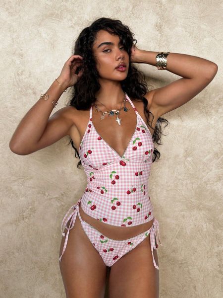 Lace split Tankini neck print swimsuit