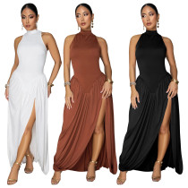Half high neck sleeveless dress with slit skirt