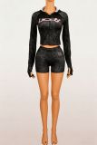 Elastic zipper hooded jacket top shorts two-piece set