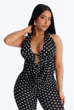 Polka print strap hanging neck backless top, cropped pants set