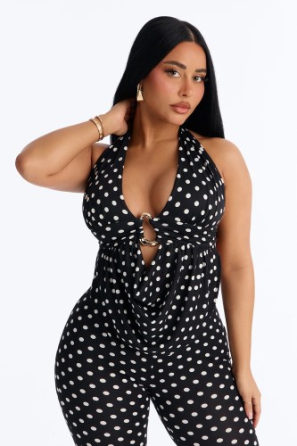 Polka print strap hanging neck backless top, cropped pants set