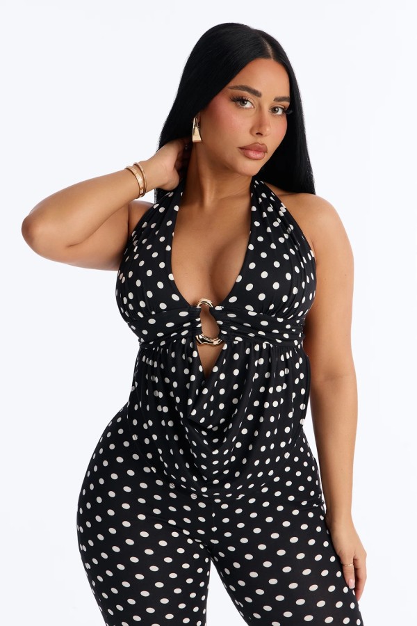 Polka print strap hanging neck backless top, cropped pants set