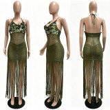 Knitted hand hook perspective sequin fringe strap beach skirt