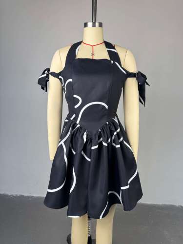 Hanging neck printed lace up off shoulder high waisted pleated dress