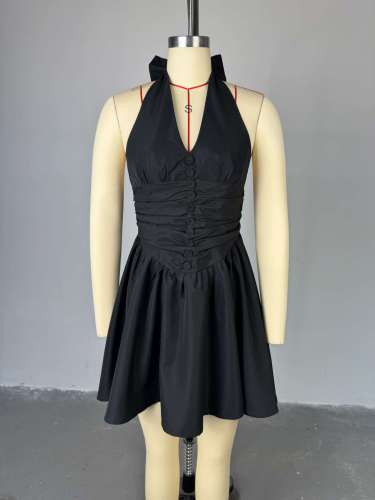V-neck hanging neck butterfly condensation back high waist short dress
