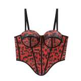 Sparkling leopard print breasted mesh fishbone corset