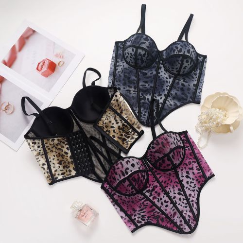 Printed leopard print breasted mesh fishbone corset