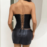 Cross tied rope corset fish bone strapless