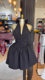 V-neck hanging neck butterfly condensation back high waist short dress