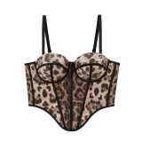 Sparkling leopard print breasted mesh fishbone corset