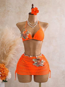 Hollow out bikini knitted three piece swimsuit