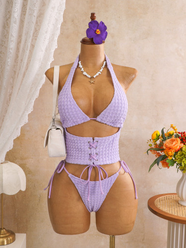 Hanging neck three piece bikini swimsuit