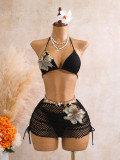 Hollow out bikini knitted three piece swimsuit