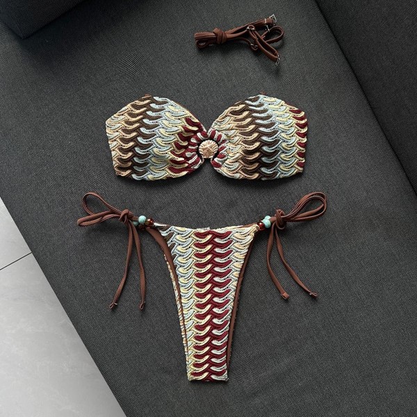 Shell patterned bikini swimsuit with neck strap and triangular cup