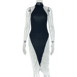 Splicing hip hugging neck hanging sleeveless long dress