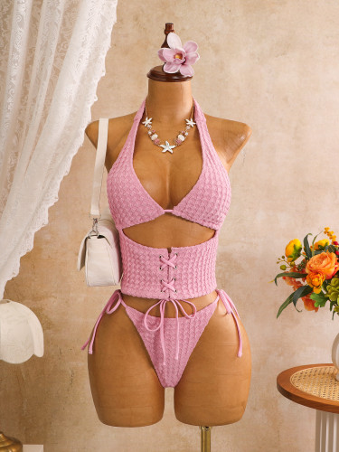 Hanging neck three piece bikini swimsuit
