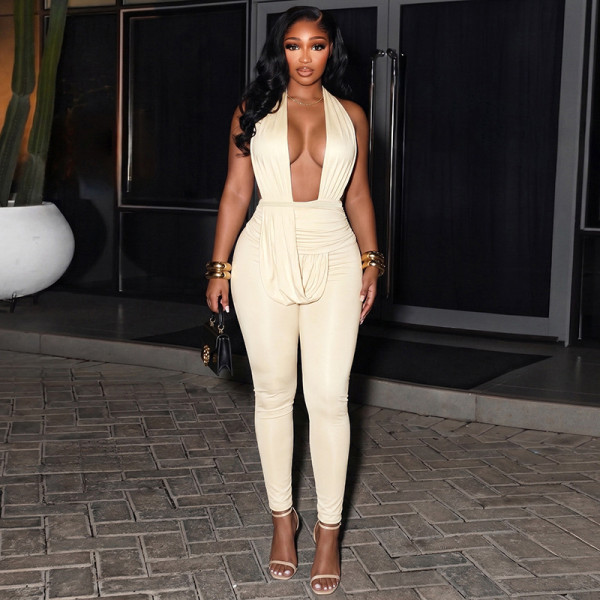 Hanging neck deep V-neck swing collar backless jumpsuit pants