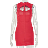 Hollow out high neck short tight dress