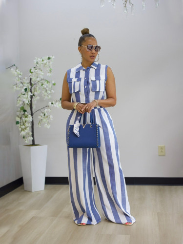 Color blocking striped vest, lapel shirt, high waist wide leg pants set